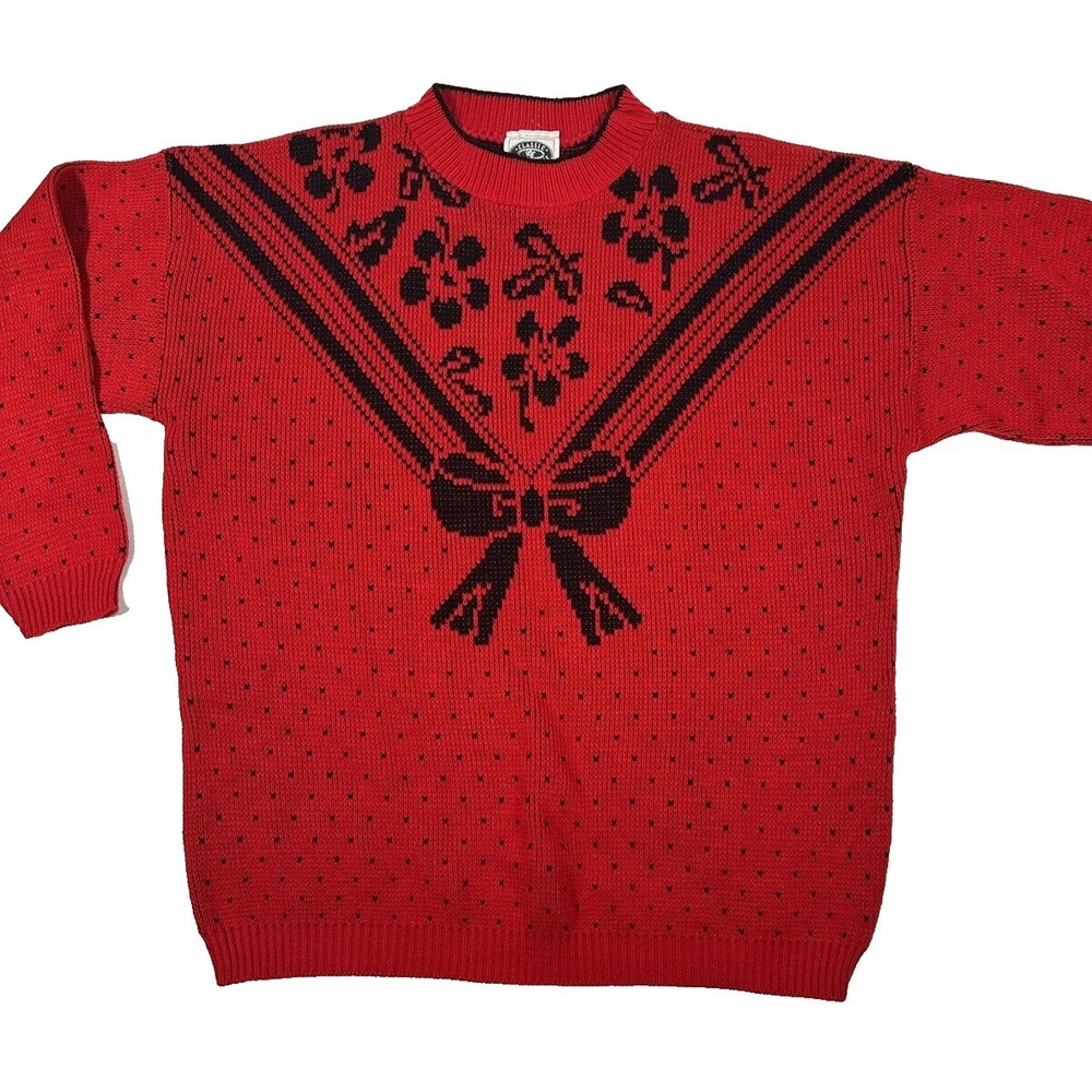 Vintage 90s Classic Essentials Red Black Floral Bow Knit Sweater Womens L‎
